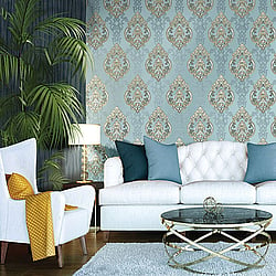 Galerie Wallcoverings Product Code 42526 - Opulence Wallpaper Collection - Blue Gold Colours - Large Damask Design