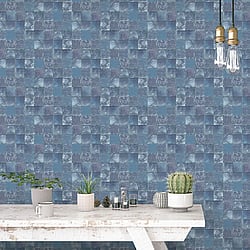 Galerie Wallcoverings Product Code 7347 - Evergreen Wallpaper Collection - Navy Colours - Aqua Tile Design