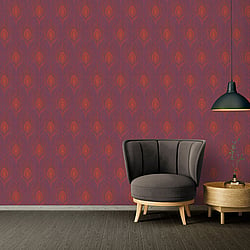 Galerie Wallcoverings Product Code AC60007 - Absolutely Chic Wallpaper Collection - Metallic Red Lilac Colours - Peacock Feather Motif Design