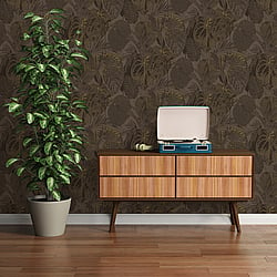 Galerie Wallcoverings Product Code FL61157 - Flourish Wallpaper Collection - Brown/Metallic Colours - Jungle Leaves Motif Design