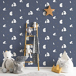 Galerie Wallcoverings Product Code ND21100 - Little Explorers Wallpaper Collection - Dark Blue White Gold Colours - Dark Blue Mummy Bear and Baby Bear Design